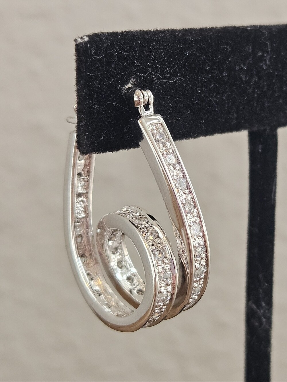 Silver Crystal Hoop Drop Earrings - Sparkling White CZ Accents